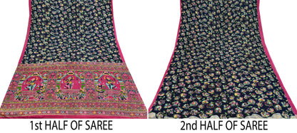 Indian Vintage Pink & Blue Saree 100% Pure Silk Printed Sari Fabric 6yd Sewing Craft DressMaking Soft Floral Quilting Crafting Upcycle