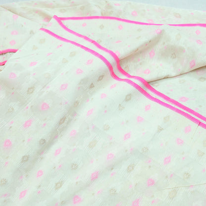 Indian Vintage Sari Ivory & Pink 100% Pure Silk Hand Woven Sarees Craft Fabric 5Yd Ethnic Sewing Dress making Crafting Quilting Upcycle