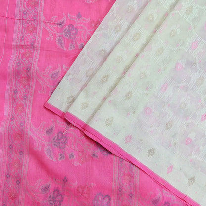 Indian Vintage Sari Ivory & Pink 100% Pure Silk Hand Woven Sarees Craft Fabric 5Yd Ethnic Sewing Dress making Crafting Quilting Upcycle