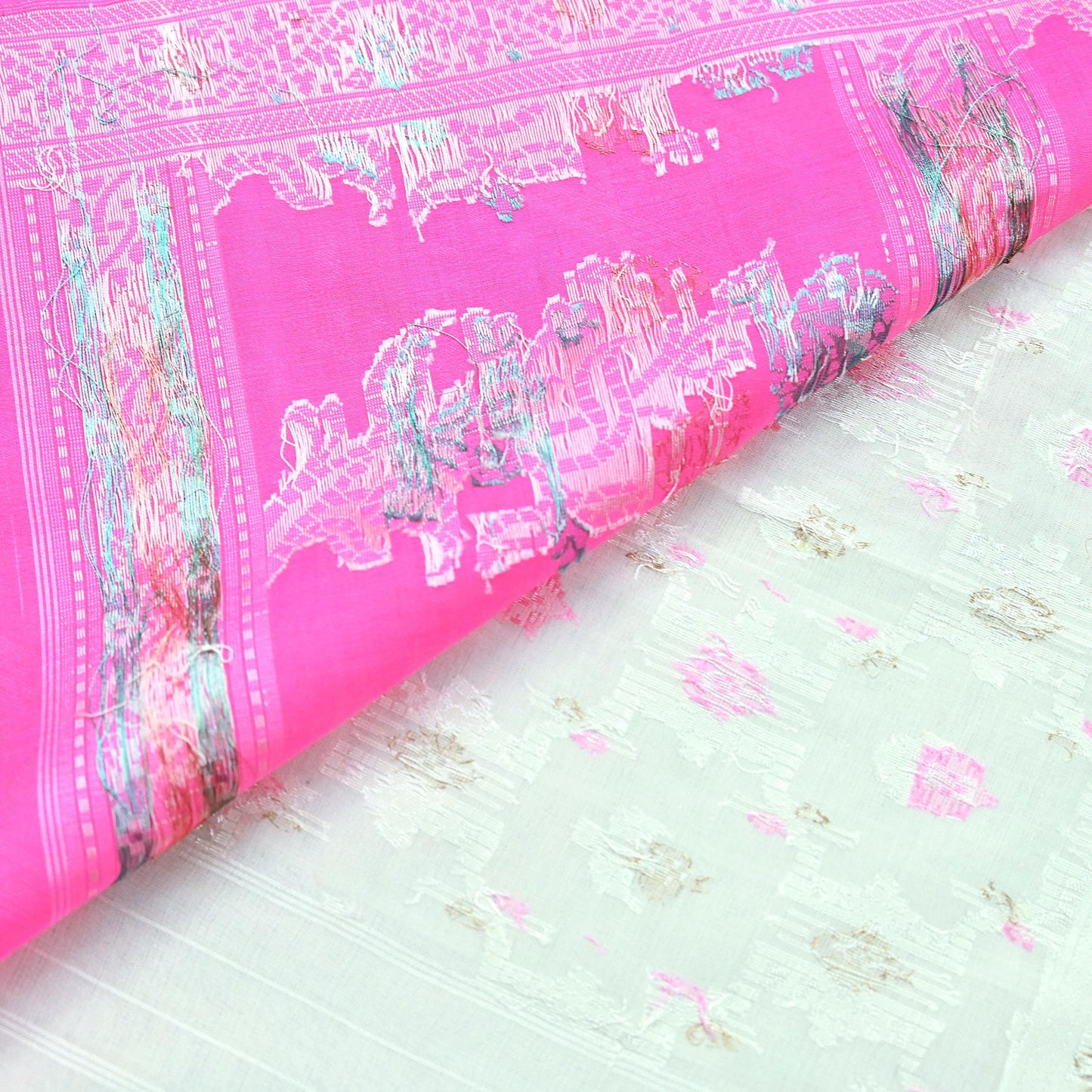 Indian Vintage Sari Ivory & Pink 100% Pure Silk Hand Woven Sarees Craft Fabric 5Yd Ethnic Sewing Dress making Crafting Quilting Upcycle