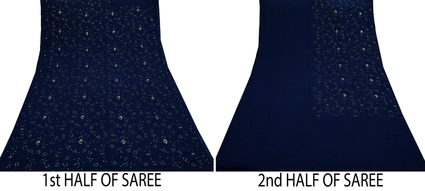 Indian Vintage Heavy Sari Blue Pure Georgette Silk Hand Beaded Sarees Craft Fabric 5Yd Sewing Soft Ethnic Wedding Sarees Dress making