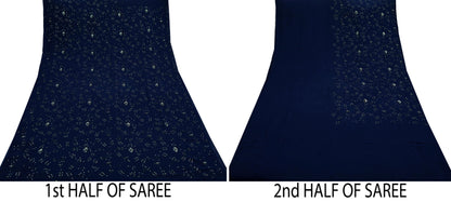Indian Vintage Heavy Sari Blue Pure Georgette Silk Hand Beaded Sarees Craft Fabric 5Yd Sewing Soft Ethnic Wedding Sarees Dress making