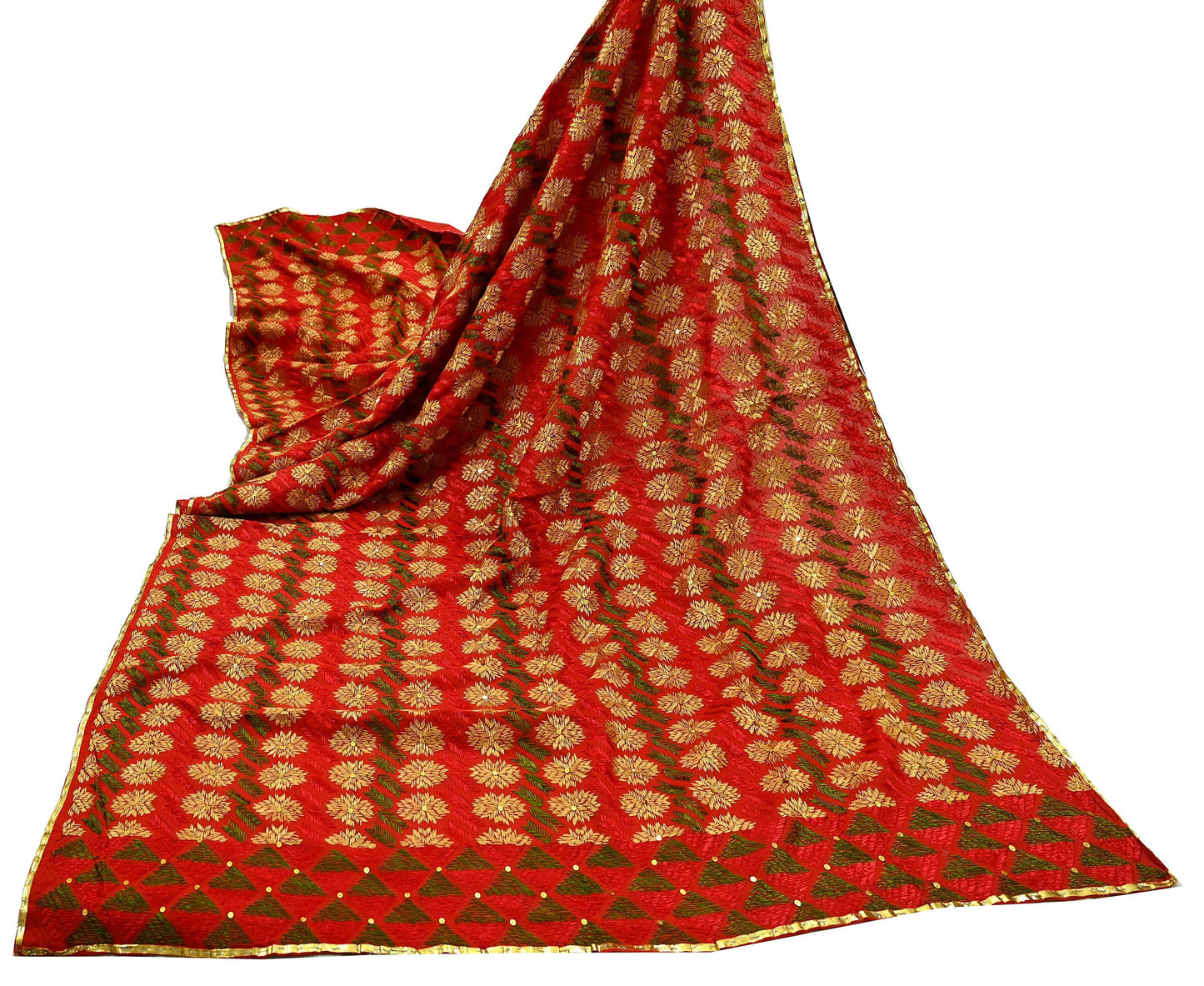 Indian Vintage Red Heavy Wedding Dupatta Long Stole Pure Cotton Hand Embroidered Bagh Phulkari Stole Scarves
