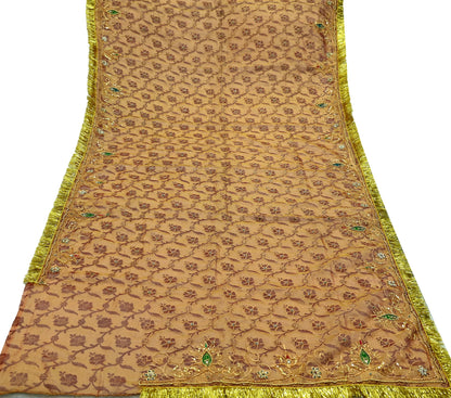 Indian Vintage Heavy Golden Dupatta Pure Tissue Silk Long Stole Hand Embroidered Scarves Zari Zardozi/Dabka Fringes Veil