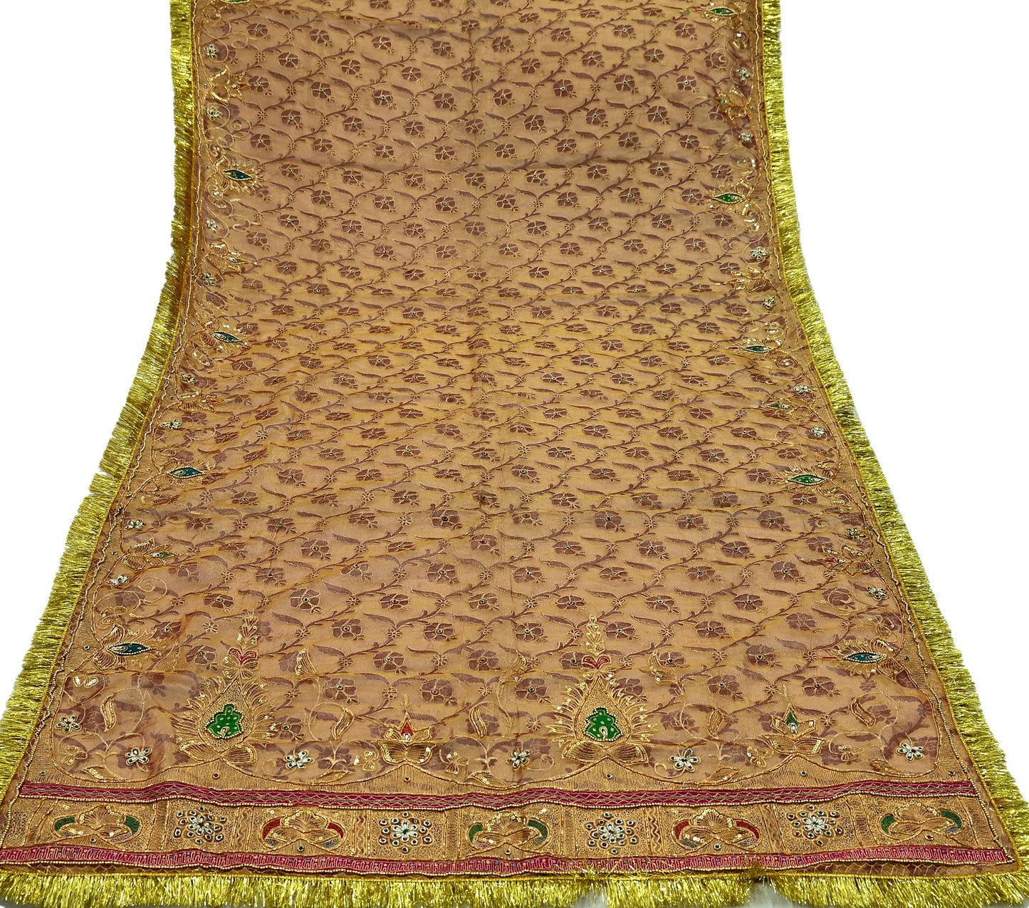 Indian Vintage Heavy Golden Dupatta Pure Tissue Silk Long Stole Hand Embroidered Scarves Zari Zardozi/Dabka Fringes Veil
