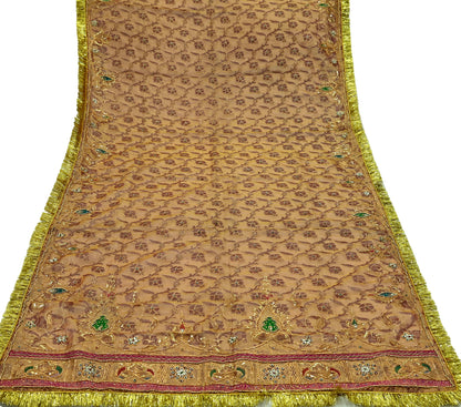 Indian Vintage Heavy Golden Dupatta Pure Tissue Silk Long Stole Hand Embroidered Scarves Zari Zardozi/Dabka Fringes Veil