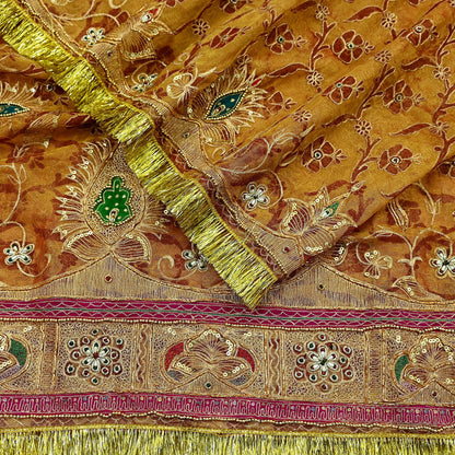 Indian Vintage Heavy Golden Dupatta Pure Tissue Silk Long Stole Hand Embroidered Scarves Zari Zardozi/Dabka Fringes Veil