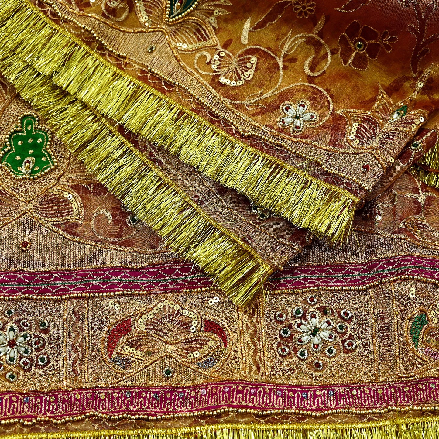 Indian Vintage Heavy Golden Dupatta Pure Tissue Silk Long Stole Hand Embroidered Scarves Zari Zardozi/Dabka Fringes Veil