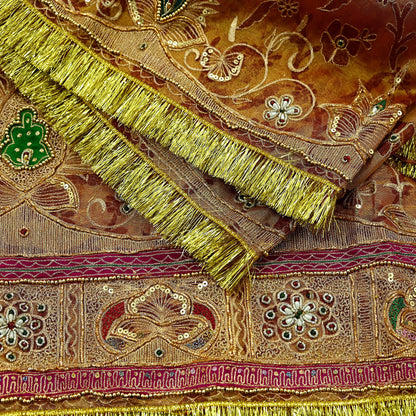 Indian Vintage Heavy Golden Dupatta Pure Tissue Silk Long Stole Hand Embroidered Scarves Zari Zardozi/Dabka Fringes Veil