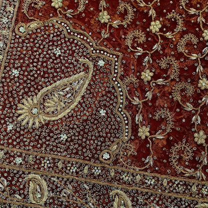 Indian Vintage Heavy Wedding Red Dupatta Net Mesh Long Stole Hand Embroidered Scarves Golden Zardozi Zari Sequins Bridal Veil