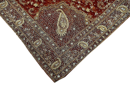 Indian Vintage Heavy Wedding Red Dupatta Net Mesh Long Stole Hand Embroidered Scarves Golden Zardozi Zari Sequins Bridal Veil