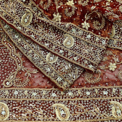 Indian Vintage Heavy Wedding Red Dupatta Net Mesh Long Stole Hand Embroidered Scarves Golden Zardozi Zari Sequins Bridal Veil