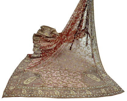 Indian Vintage Heavy Wedding Red Dupatta Net Mesh Long Stole Hand Embroidered Scarves Golden Zardozi Zari Sequins Bridal Veil