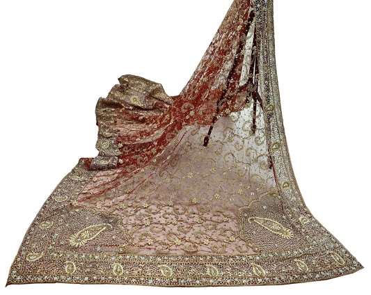 Indian Vintage Heavy Wedding Red Dupatta Net Mesh Long Stole Hand Embroidered Scarves Golden Zardozi Zari Sequins Bridal Veil
