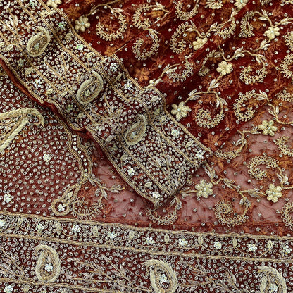 Indian Vintage Heavy Wedding Red Dupatta Net Mesh Long Stole Hand Embroidered Scarves Golden Zardozi Zari Sequins Bridal Veil