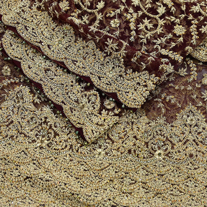 Indian Vintage Heavy Wedding Maroon Dupatta Net Mesh Long Stole Hand Embroidered Scarves Golden Zardozi Zari Sequins Dridal Veil Hijab