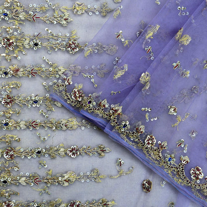 Indian Vintage Heavy Bridal Dupatta Purple Net Mesh Long Stole Hand Embroidered Scarves Golden Zardozi Dabka Zari Wedding Veil Hijab