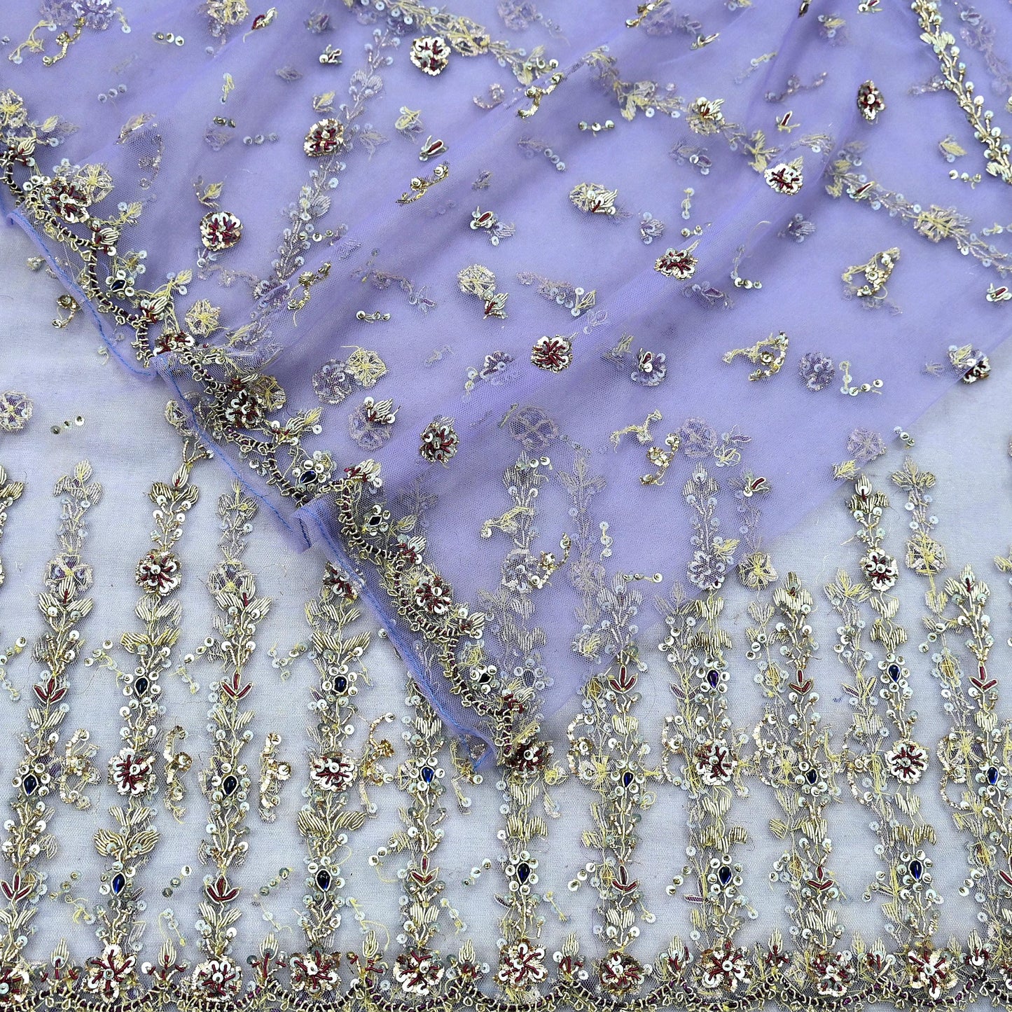 Indian Vintage Heavy Bridal Dupatta Purple Net Mesh Long Stole Hand Embroidered Scarves Golden Zardozi Dabka Zari Wedding Veil Hijab