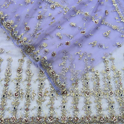 Indian Vintage Heavy Bridal Dupatta Purple Net Mesh Long Stole Hand Embroidered Scarves Golden Zardozi Dabka Zari Wedding Veil Hijab