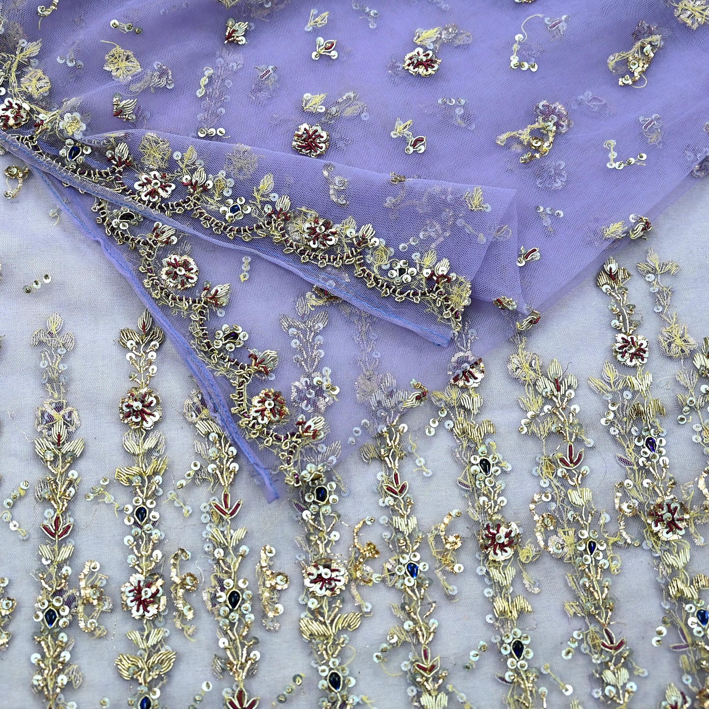 Indian Vintage Heavy Bridal Dupatta Purple Net Mesh Long Stole Hand Embroidered Scarves Golden Zardozi Dabka Zari Wedding Veil Hijab