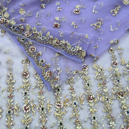 Indian Vintage Heavy Bridal Dupatta Purple Net Mesh Long Stole Hand Embroidered Scarves Golden Zardozi Dabka Zari Wedding Veil Hijab