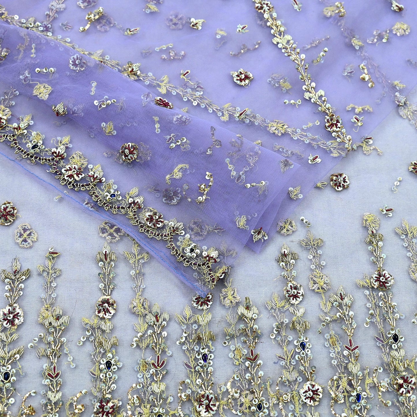 Indian Vintage Heavy Bridal Dupatta Purple Net Mesh Long Stole Hand Embroidered Scarves Golden Zardozi Dabka Zari Wedding Veil Hijab