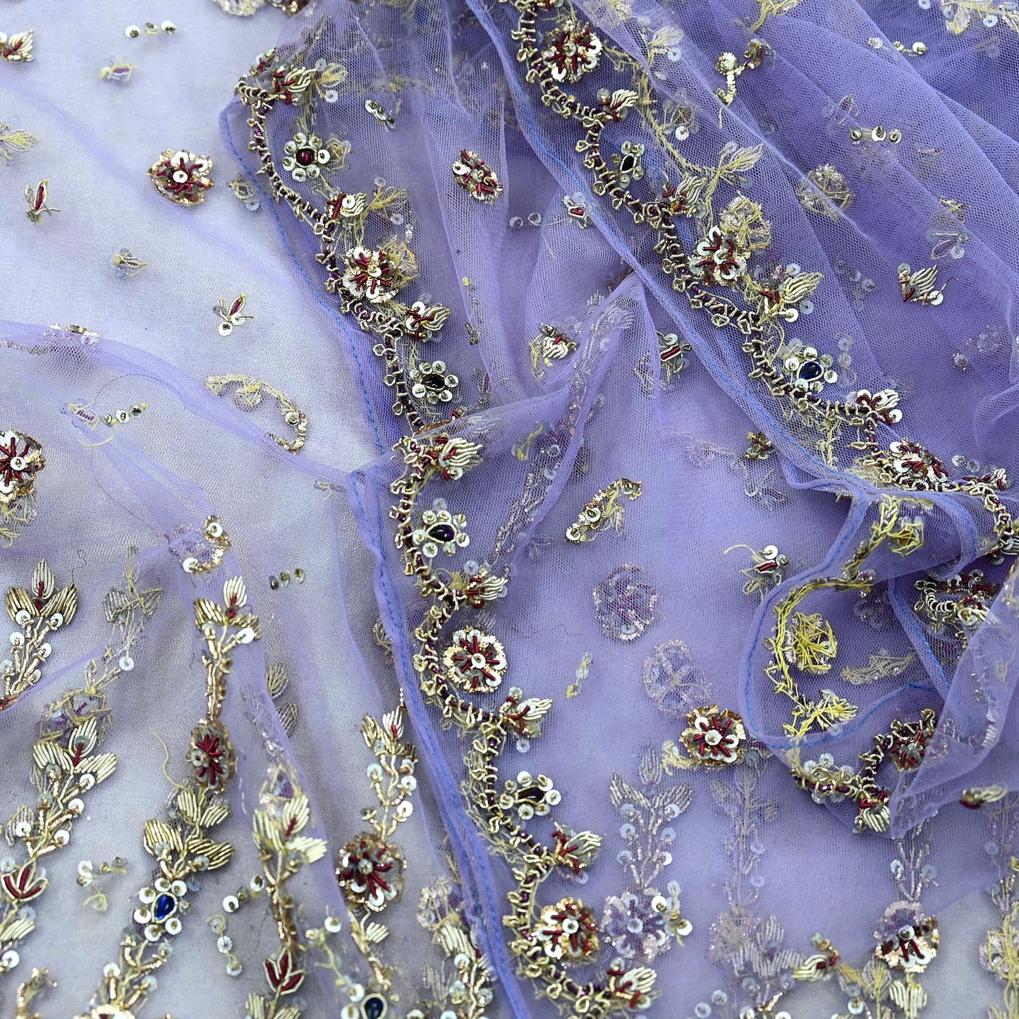 Indian Vintage Heavy Bridal Dupatta Purple Net Mesh Long Stole Hand Embroidered Scarves Golden Zardozi Dabka Zari Wedding Veil Hijab
