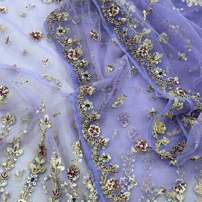 Indian Vintage Heavy Bridal Dupatta Purple Net Mesh Long Stole Hand Embroidered Scarves Golden Zardozi Dabka Zari Wedding Veil Hijab