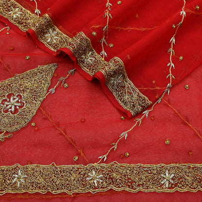 Indian Vintage Bridal Heavy Red Dupatta American Georgette Long Stole Hand Embroidered Scarves Zari Zardozi Bollywood Wedding Veil Hijab