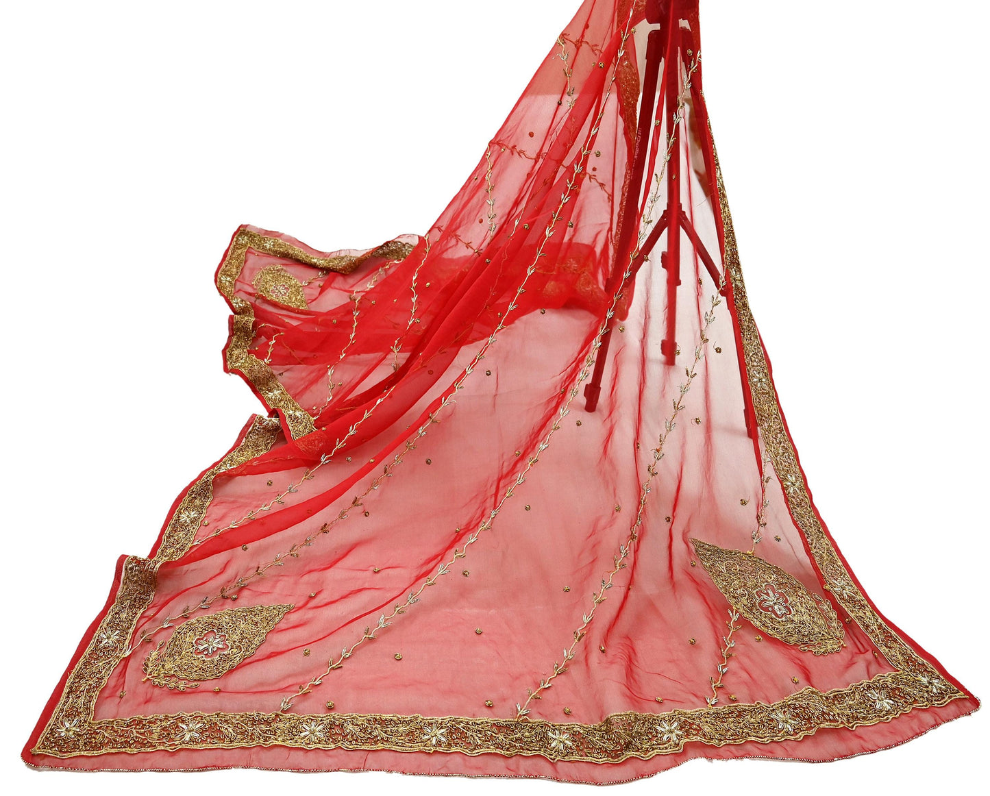 Indian Vintage Bridal Heavy Red Dupatta American Georgette Long Stole Hand Embroidered Scarves Zari Zardozi Bollywood Wedding Veil Hijab