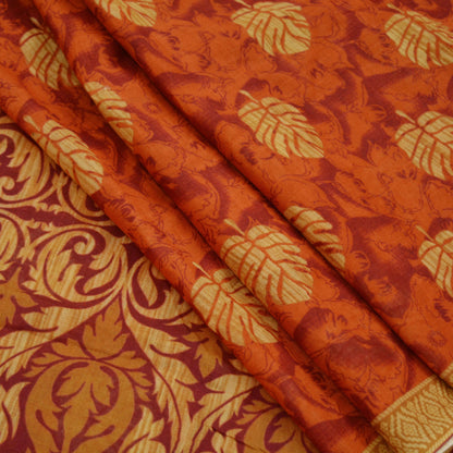 Indian Vintage Sari Orange & Beige Printed Sarees 100% Pure Cotton Craft Fabric Soft 5Yd Sewing Sarong Wrap Floral Dress Making Crafting