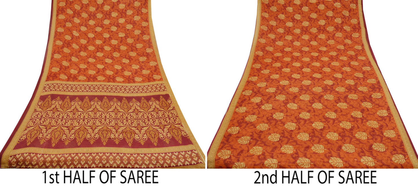 Indian Vintage Sari Orange & Beige Printed Sarees 100% Pure Cotton Craft Fabric Soft 5Yd Sewing Sarong Wrap Floral Dress Making Crafting