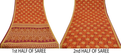 Indian Vintage Sari Orange & Beige Printed Sarees 100% Pure Cotton Craft Fabric Soft 5Yd Sewing Sarong Wrap Floral Dress Making Crafting