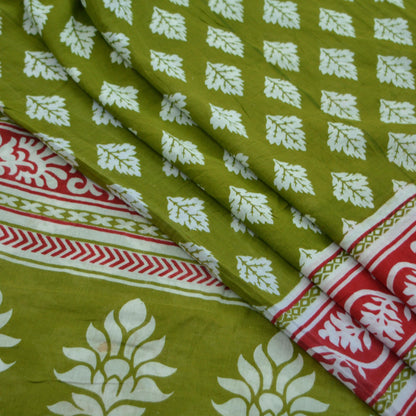 Indian Vintage Sari Green & White Printed Pure Cotton Saree Craft Fabric 5Yd Soft Sewing Sarong Wrap Boho Geometric Upcycle used Quilting