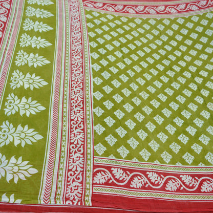 Indian Vintage Sari Green & White Printed Pure Cotton Saree Craft Fabric 5Yd Soft Sewing Sarong Wrap Boho Geometric Upcycle used Quilting