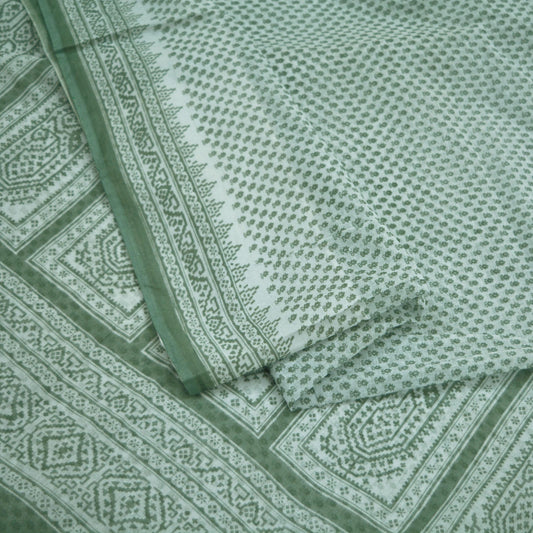 Indian Vintage Sari Green & White Printed Pure Cotton Saree Craft Fabric 5Yd Soft Sewing Sarong Wrap Boho Geometric Upcycle used Quilting