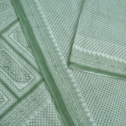 Indian Vintage Sari Green & White Printed Pure Cotton Saree Craft Fabric 5Yd Soft Sewing Sarong Wrap Boho Geometric Upcycle used Quilting