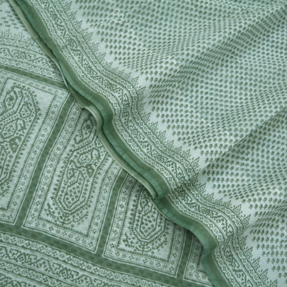 Indian Vintage Sari Green & White Printed Pure Cotton Saree Craft Fabric 5Yd Soft Sewing Sarong Wrap Boho Geometric Upcycle used Quilting