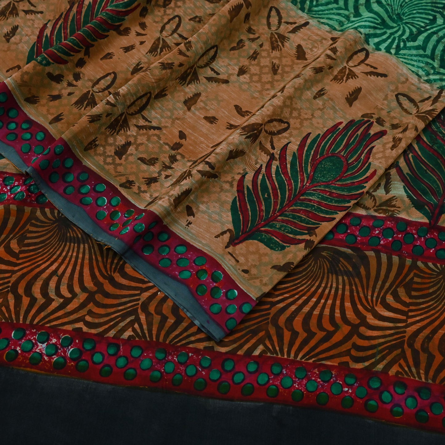 Indian Vintage Sari Green & Brown Pure Crepe Silk Printed Sarees Craft Fabric 5yd Sewing Floral Soft Craft Fabric Wrap Quilting Crafting