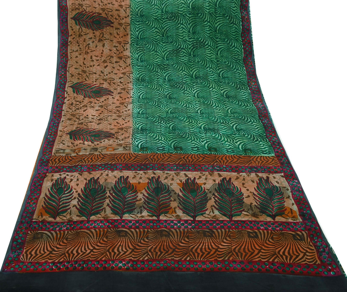Indian Vintage Sari Green & Brown Pure Crepe Silk Printed Sarees Craft Fabric 5yd Sewing Floral Soft Craft Fabric Wrap Quilting Crafting