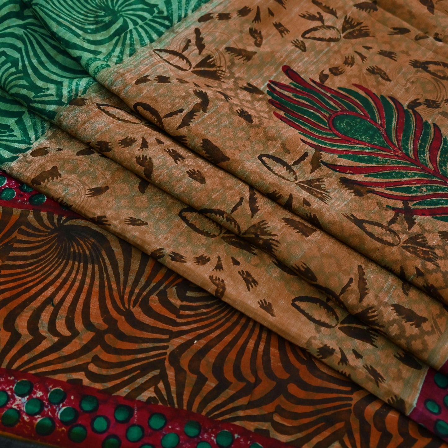 Indian Vintage Sari Green & Brown Pure Crepe Silk Printed Sarees Craft Fabric 5yd Sewing Floral Soft Craft Fabric Wrap Quilting Crafting