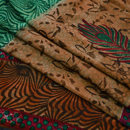 Indian Vintage Sari Green & Brown Pure Crepe Silk Printed Sarees Craft Fabric 5yd Sewing Floral Soft Craft Fabric Wrap Quilting Crafting