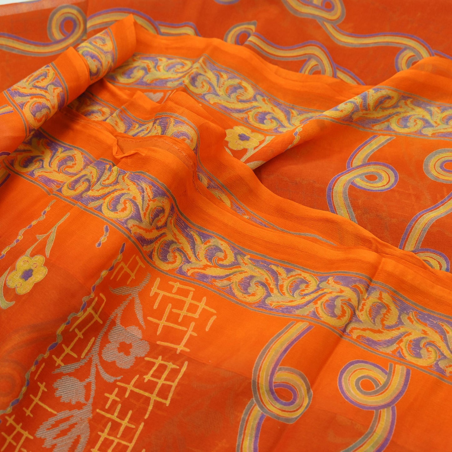 Women Vintage Orange Saree Blend Chiffon Printed Sari Craft Fabric Sewing 6Yd Soft Light Sari Dress Making Floral Crafting Quilting Upcycle