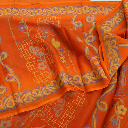 Women Vintage Orange Saree Blend Chiffon Printed Sari Craft Fabric Sewing 6Yd Soft Light Sari Dress Making Floral Crafting Quilting Upcycle