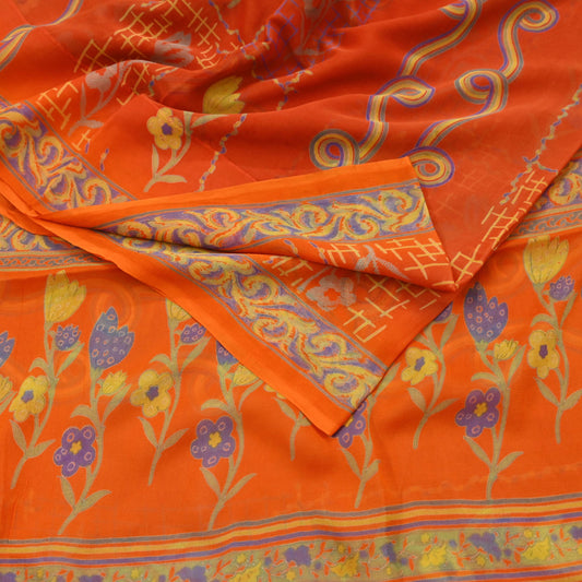 Women Vintage Orange Saree Blend Chiffon Printed Sari Craft Fabric Sewing 6Yd Soft Light Sari Dress Making Floral Crafting Quilting Upcycle