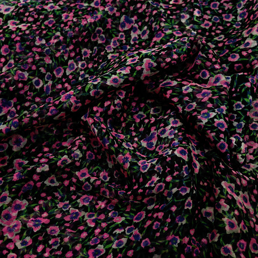 Women Vintage Sari Black Pure Chiffon Silk Printed Saree Craft Fabric Sewing 5Yd Soft Light Sari Dress Making Quilting Crafting Upcycle