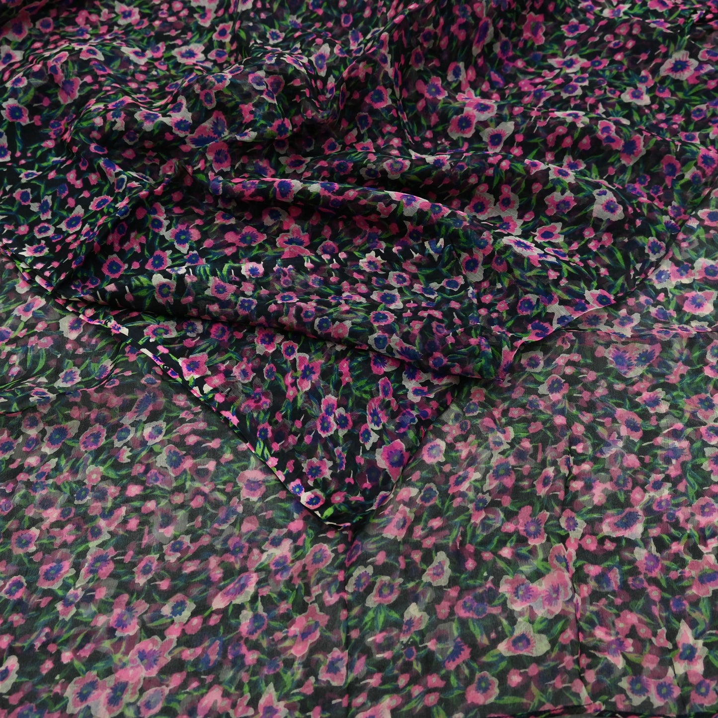 Women Vintage Sari Black Pure Chiffon Silk Printed Saree Craft Fabric Sewing 5Yd Soft Light Sari Dress Making Quilting Crafting Upcycle