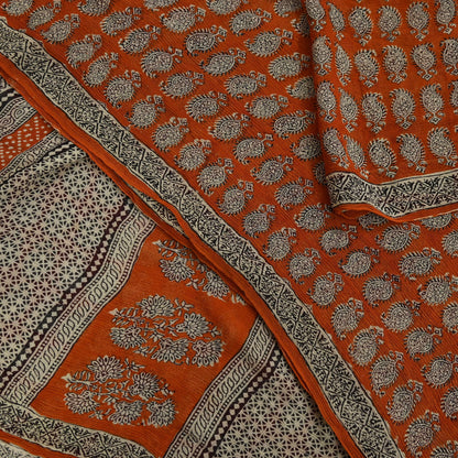 Indian Vintage Sari Orange & Brown Pure Chiffon Silk Printed Sarees Craft Fabric Sewing 5Yard Soft Light Sari Dress Making Quilting