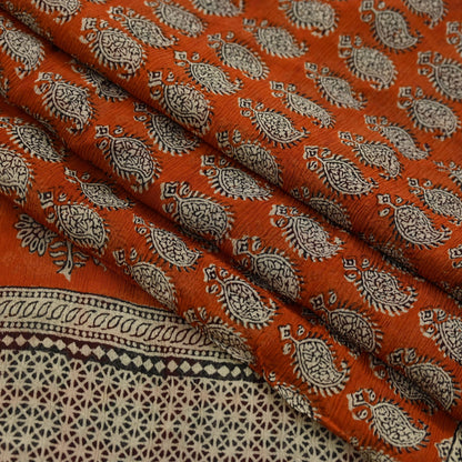 Indian Vintage Sari Orange & Brown Pure Chiffon Silk Printed Sarees Craft Fabric Sewing 5Yard Soft Light Sari Dress Making Quilting