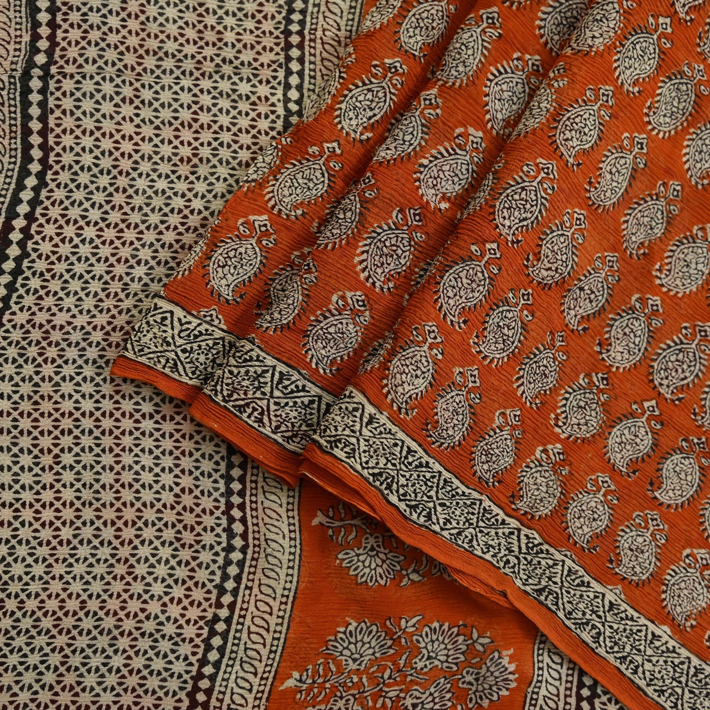 Indian Vintage Sari Orange & Brown Pure Chiffon Silk Printed Sarees Craft Fabric Sewing 5Yard Soft Light Sari Dress Making Quilting